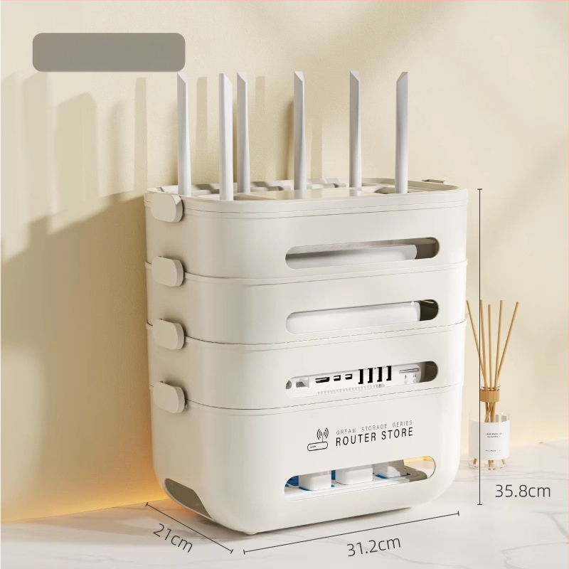 Duomenų kabelių laikymo dėžutė Wi‑Fi maršrutizatoriui ir set‑top dėžutei — stalinis kabelių organizatorius, PP plastikas, modernus minimalistinis dizainas