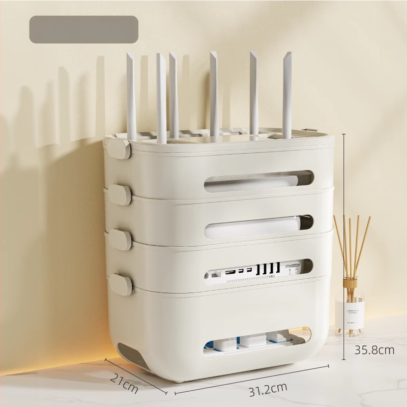 Duomenų kabelių laikymo dėžutė Wi‑Fi maršrutizatoriui ir set‑top dėžutei — stalinis kabelių organizatorius, PP plastikas, modernus minimalistinis dizainas