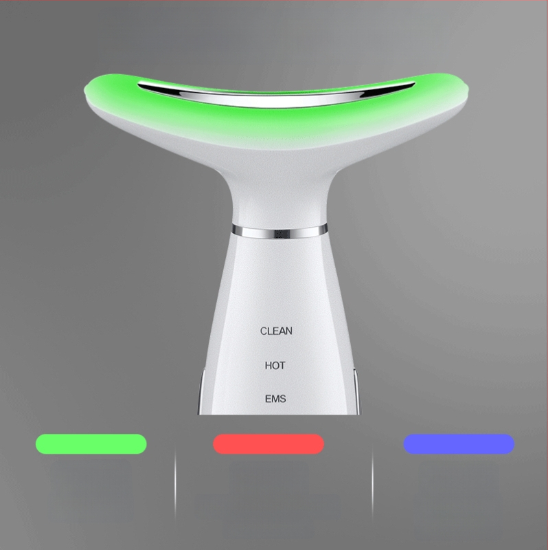 Kaklo grožio prietaisas su veido masažu, pakėlimu ir šildymu; ultragarsinė ir spalvų šviesos terapija; neigiamų ir teigiamų jonų jonoterapija; įmontuota baterija 500–800 mAh