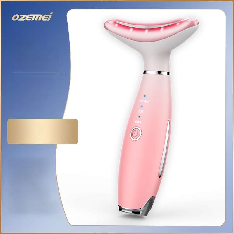 Kaklo grožio prietaisas su veido masažu, pakėlimu ir šildymu; ultragarsinė ir spalvų šviesos terapija; neigiamų ir teigiamų jonų jonoterapija; įmontuota baterija 500–800 mAh