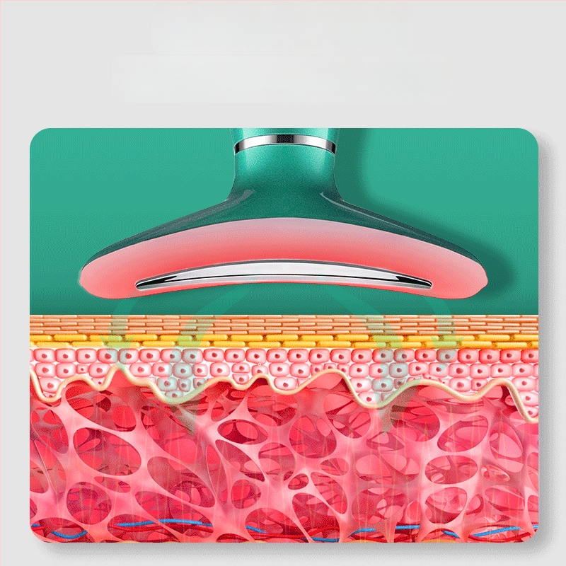 Kaklo grožio prietaisas su veido masažu, pakėlimu ir šildymu; ultragarsinė ir spalvų šviesos terapija; neigiamų ir teigiamų jonų jonoterapija; įmontuota baterija 500–800 mAh