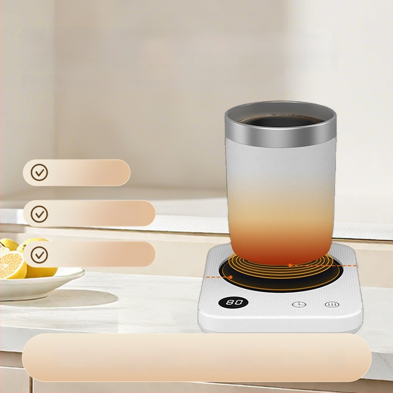 Kavos puodelio šildymo padėklas su 4 temperatūros režimais iki 80°C, prisilietimo valdymas, kintamosios srovės maitinimas, automatinis išjungimas