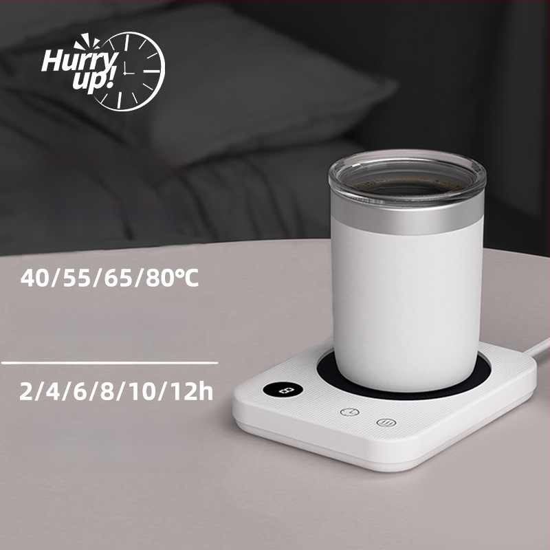 Kavos puodelio šildymo padėklas su 4 temperatūros režimais iki 80°C, prisilietimo valdymas, kintamosios srovės maitinimas, automatinis išjungimas