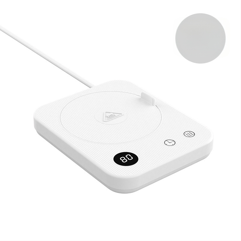 Kavos puodelio šildymo padėklas su 4 temperatūros režimais iki 80°C, prisilietimo valdymas, kintamosios srovės maitinimas, automatinis išjungimas