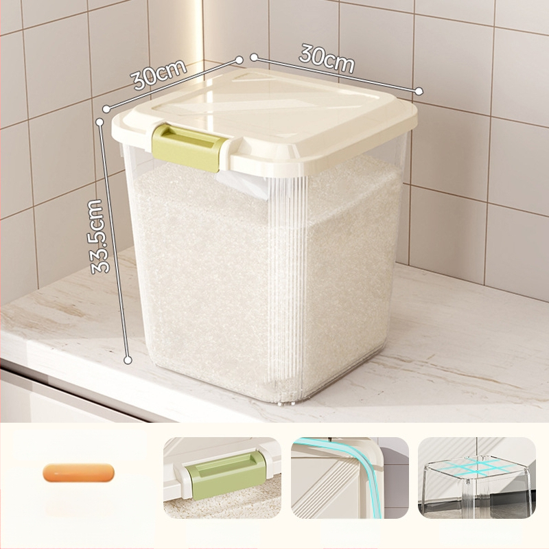 Riisihoidla kast; tihendatud, niiskuskindel ja putukavastane; plastik (PP); maht 10 l või rohkem; logotipi trükkimine on võimalik.