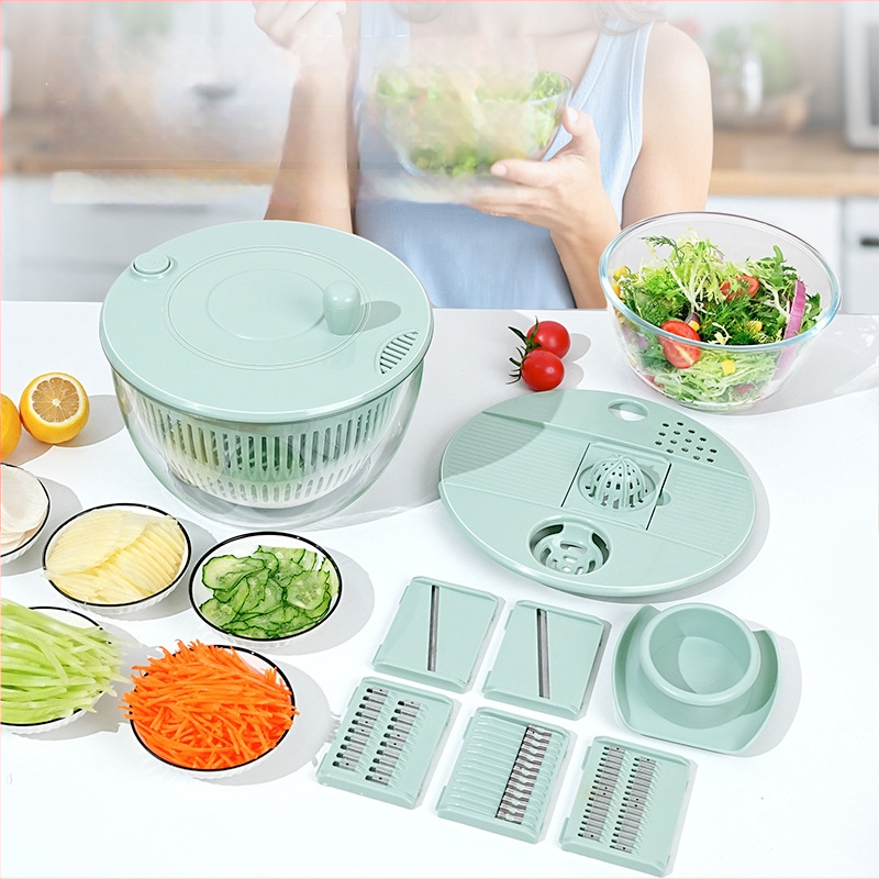 Daugiafunkcinis daržovių pjaustytuvas su rankiniu besisukančiu nusausinimo krepšeliu, PET/ABS medžiaga, logotipo spausdinimas įmanomas, pradėta 2024 m.