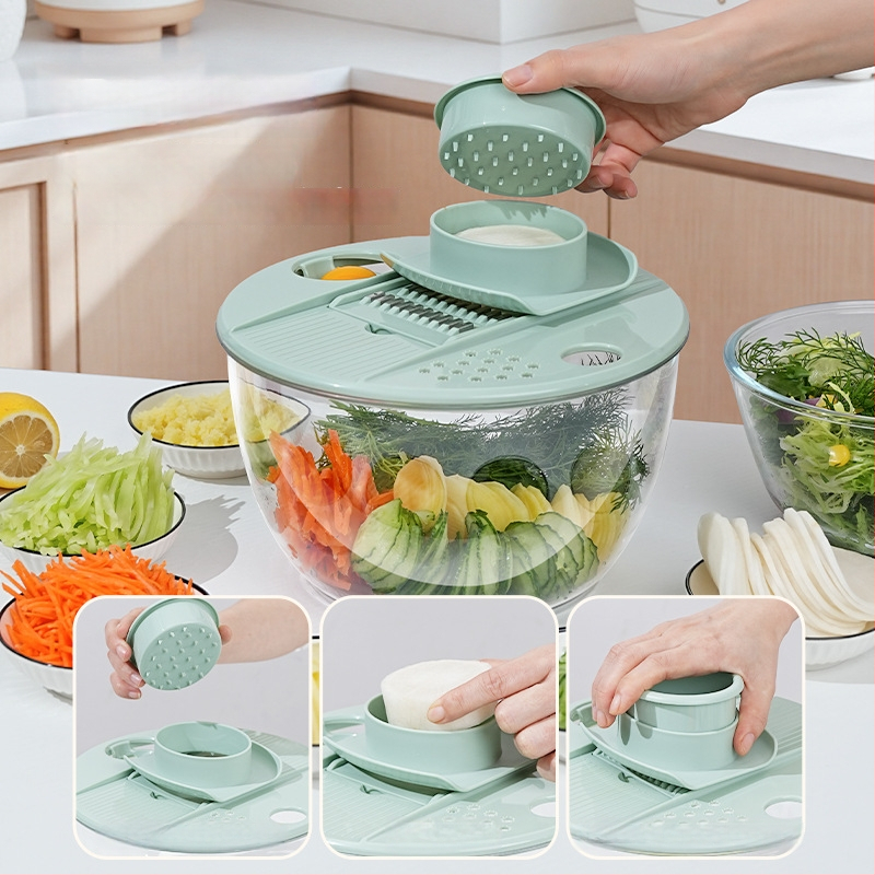 Daugiafunkcinis daržovių pjaustytuvas su rankiniu besisukančiu nusausinimo krepšeliu, PET/ABS medžiaga, logotipo spausdinimas įmanomas, pradėta 2024 m.