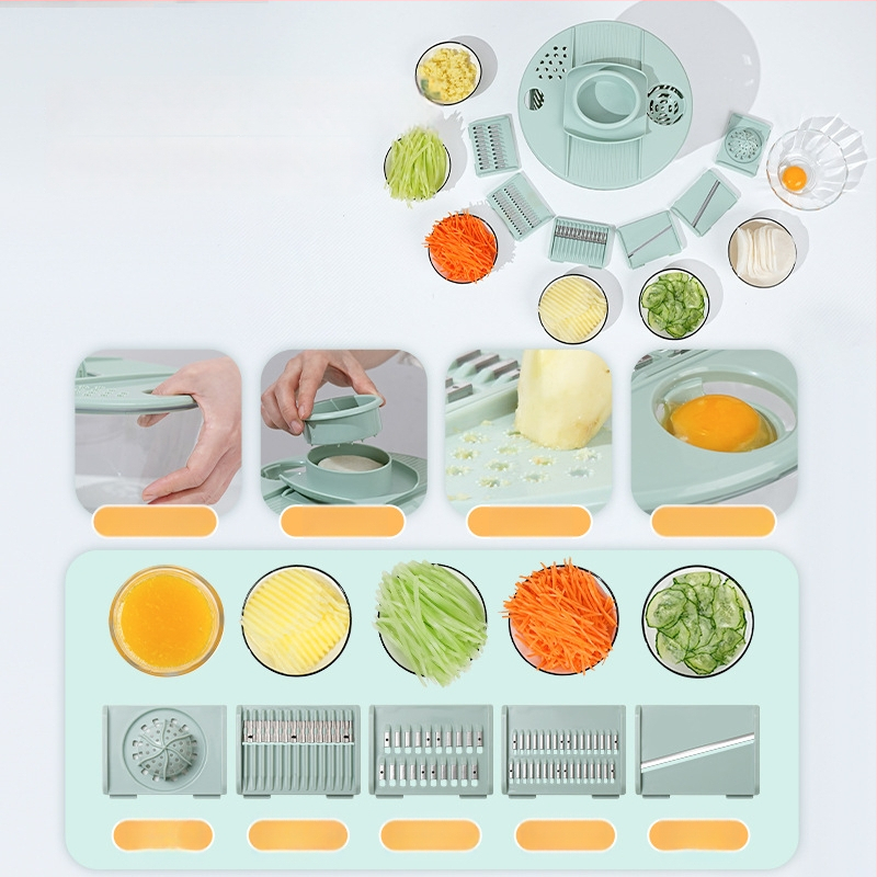 Daugiafunkcinis daržovių pjaustytuvas su rankiniu besisukančiu nusausinimo krepšeliu, PET/ABS medžiaga, logotipo spausdinimas įmanomas, pradėta 2024 m.