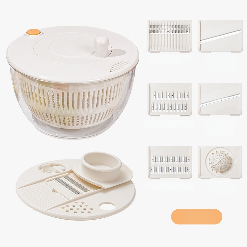 Daugiafunkcinis daržovių pjaustytuvas su rankiniu besisukančiu nusausinimo krepšeliu, PET/ABS medžiaga, logotipo spausdinimas įmanomas, pradėta 2024 m.