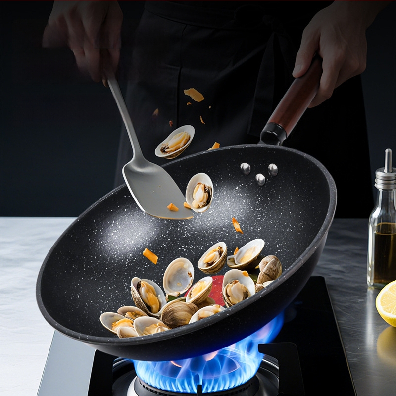 Wok keptuvė su nelimpančia danga, rafinuotas geležies, daugiasluoksnis dugnas, 8 cm gylis, 1,5 kg svoris