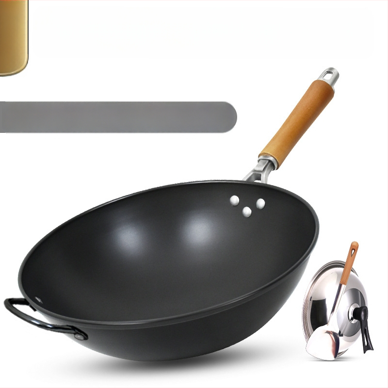 Wok iš ketaus be dengimo, tinkamas dujinėms viryklėms, lengvas, 1,3 kg, vienos pagrindo dizainas
