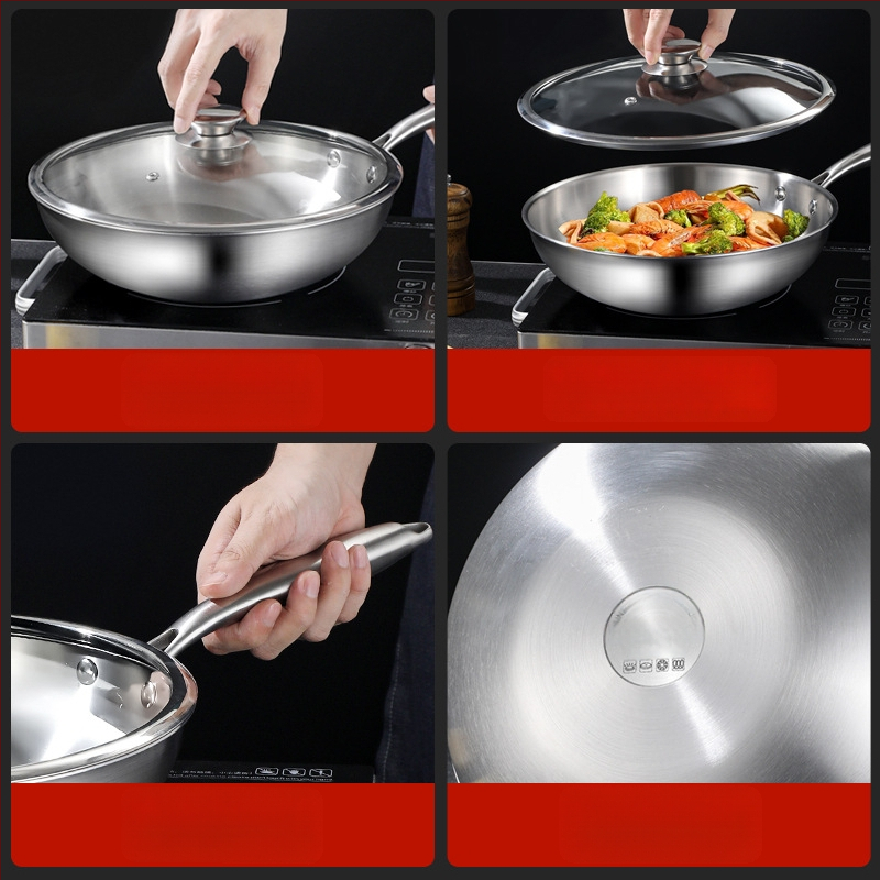 Wokas su trijų sluoksnių dugnu iš 304 nerūdijančio plieno, stiklinis dangtelis, 9 cm gylio, suderinamas su indukcine plokštele ir dujinė plokštele