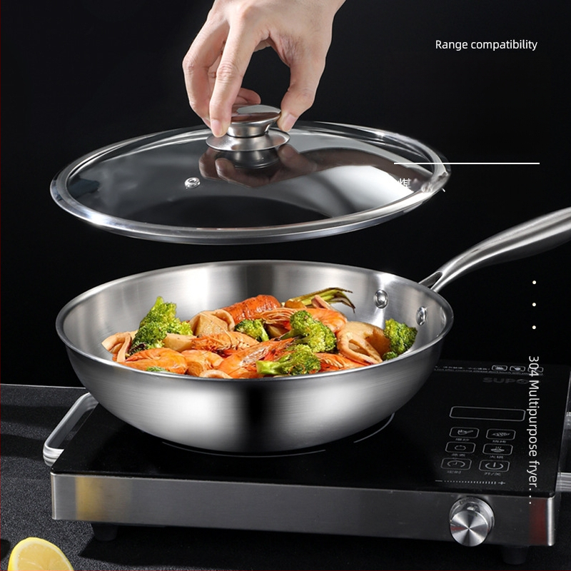 Wokas su trijų sluoksnių dugnu iš 304 nerūdijančio plieno, stiklinis dangtelis, 9 cm gylio, suderinamas su indukcine plokštele ir dujinė plokštele