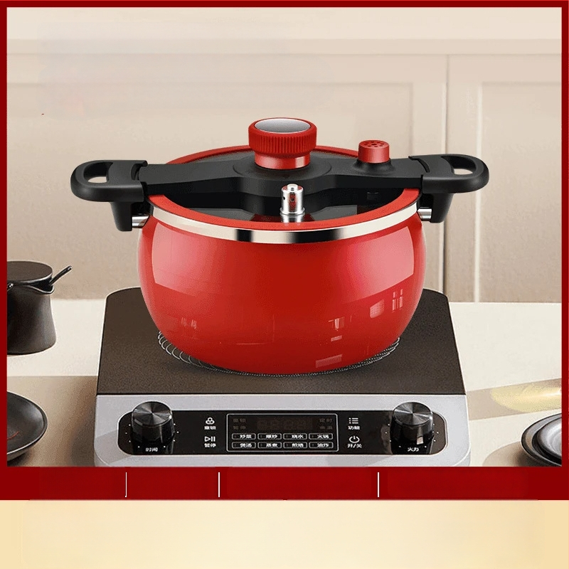 Emalijuotas geležies sriubų puodas su dvigubais rankenėlėmis, talpa 5 L ar daugiau, stiklinis dangtis, suderinamas su dujinėmis ir indukcinėmis plokštėmis