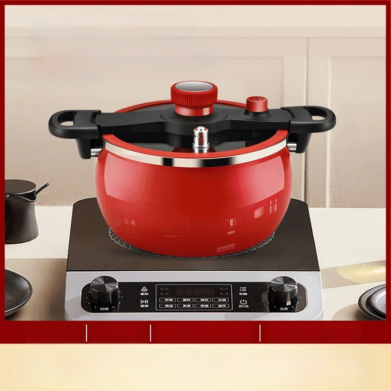 Emalijuotas geležies sriubų puodas su dvigubais rankenėlėmis, talpa 5 L ar daugiau, stiklinis dangtis, suderinamas su dujinėmis ir indukcinėmis plokštėmis