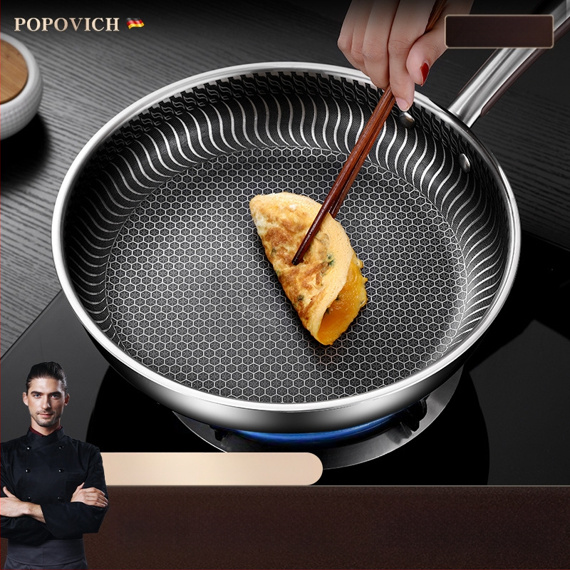 Be dangų 316L nerūdijančio plieno keptuvė su daugiapakopiu dugnu, suderinama su indukcinėmis ir dujinėmis viryklėmis, dangtelis iš nerūdijančio plieno su stiklu