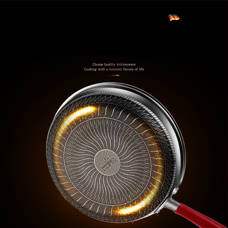 Be dangų 316L nerūdijančio plieno keptuvė su daugiapakopiu dugnu, suderinama su indukcinėmis ir dujinėmis viryklėmis, dangtelis iš nerūdijančio plieno su stiklu