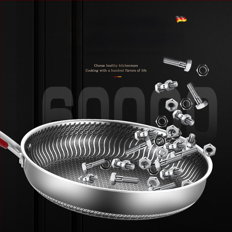 Be dangų 316L nerūdijančio plieno keptuvė su daugiapakopiu dugnu, suderinama su indukcinėmis ir dujinėmis viryklėmis, dangtelis iš nerūdijančio plieno su stiklu