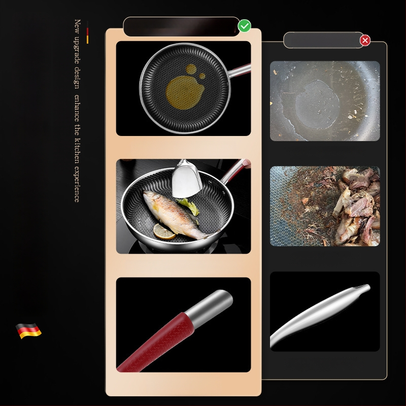 Be dangų 316L nerūdijančio plieno keptuvė su daugiapakopiu dugnu, suderinama su indukcinėmis ir dujinėmis viryklėmis, dangtelis iš nerūdijančio plieno su stiklu