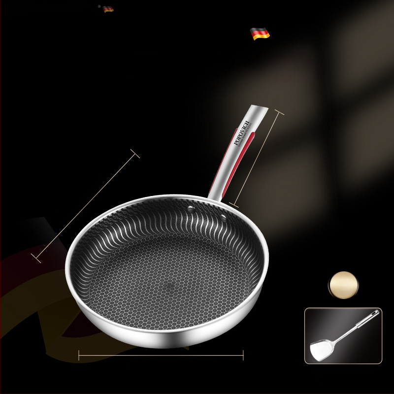 Be dangų 316L nerūdijančio plieno keptuvė su daugiapakopiu dugnu, suderinama su indukcinėmis ir dujinėmis viryklėmis, dangtelis iš nerūdijančio plieno su stiklu