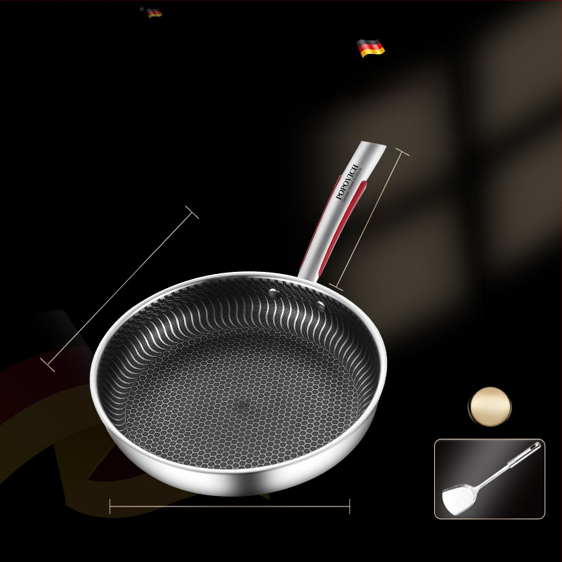 Be dangų 316L nerūdijančio plieno keptuvė su daugiapakopiu dugnu, suderinama su indukcinėmis ir dujinėmis viryklėmis, dangtelis iš nerūdijančio plieno su stiklu