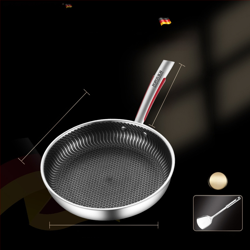 Be dangų 316L nerūdijančio plieno keptuvė su daugiapakopiu dugnu, suderinama su indukcinėmis ir dujinėmis viryklėmis, dangtelis iš nerūdijančio plieno su stiklu