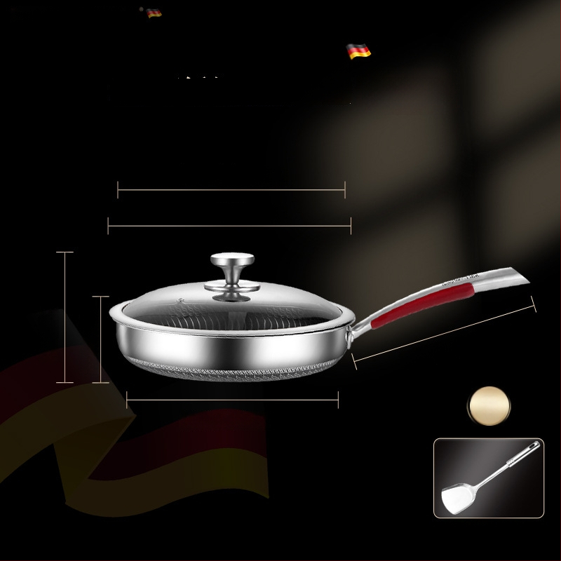 Be dangų 316L nerūdijančio plieno keptuvė su daugiapakopiu dugnu, suderinama su indukcinėmis ir dujinėmis viryklėmis, dangtelis iš nerūdijančio plieno su stiklu