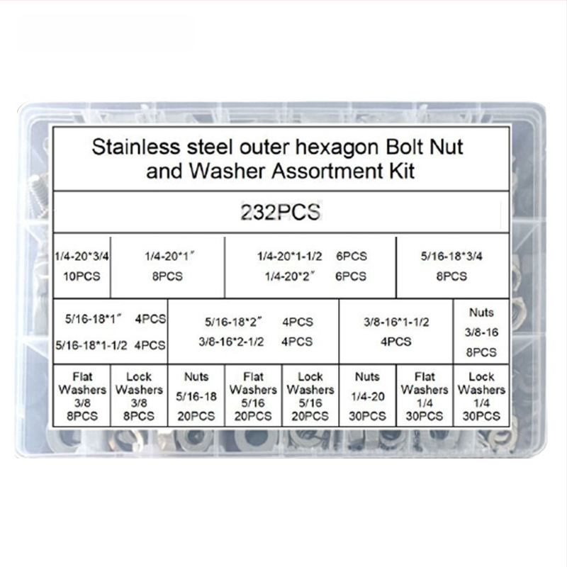 Lingding hardware išorinis šešiakampių sraigtų rinkinys, 304 nerūdijančio plieno, A2-70 klasė, nacionalinis standartas