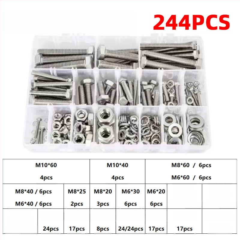 Lingding hardware išorinis šešiakampių sraigtų rinkinys, 304 nerūdijančio plieno, A2-70 klasė, nacionalinis standartas