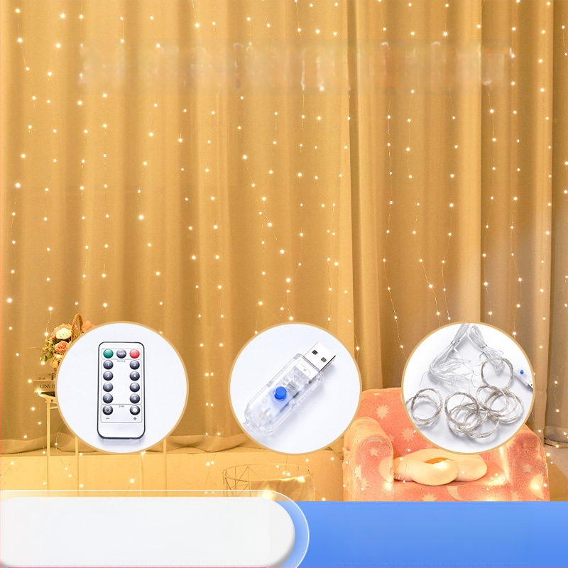 USB maitinami užuolaidų žibintai, 300 LED, IP42, nuotolinio valdymo pultas