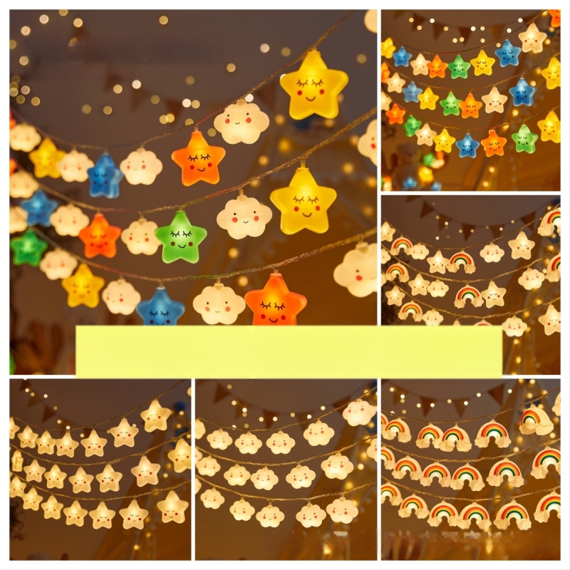 LED virvė su žvaigždėm, debesimis ir vaivorykštės formomis (IP43 apsauga; baterijų dėžutės maitinimas; 10–100 LED diodų; reguliuojamas šviesos intensyvumas; rankinis valdymas)