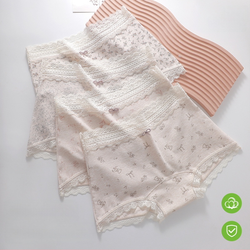 Naistele puuvillast aluspüksid lillemustriga ja pitsilise äärega, mulberry siidist kaunuma vooder, hingavad