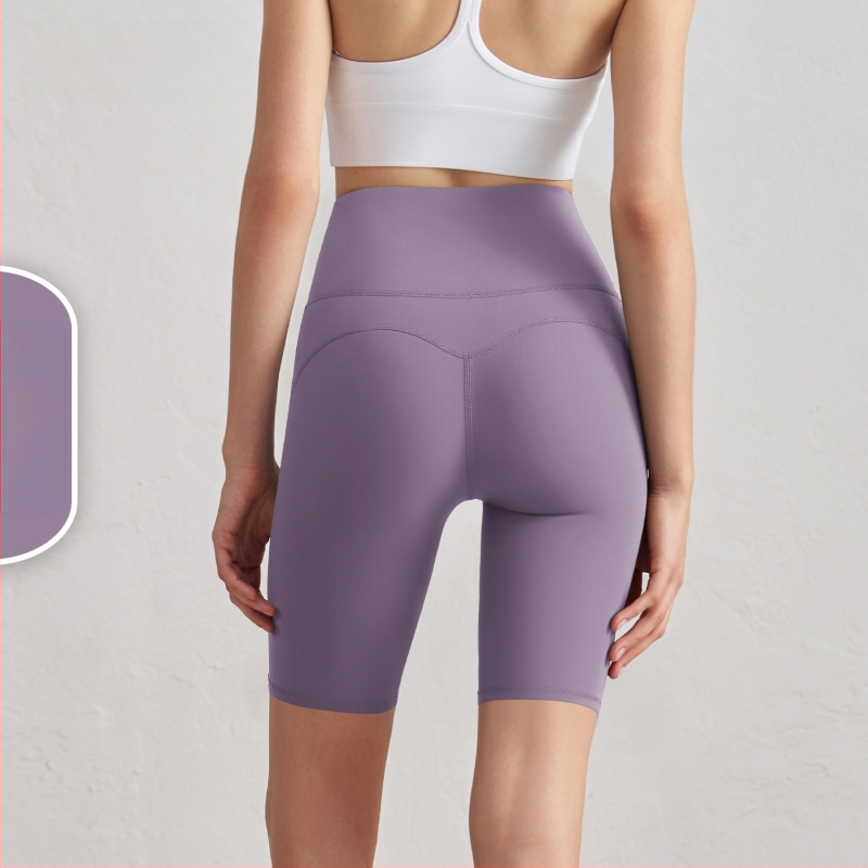 Antibakteriaalsed naiste jooga lühikingad, kõrge vöökoht, puusade tõstmine, kolmandik pikkus, kahepoolselt brokaadne kangas, 80% nailon / 20% spandeks