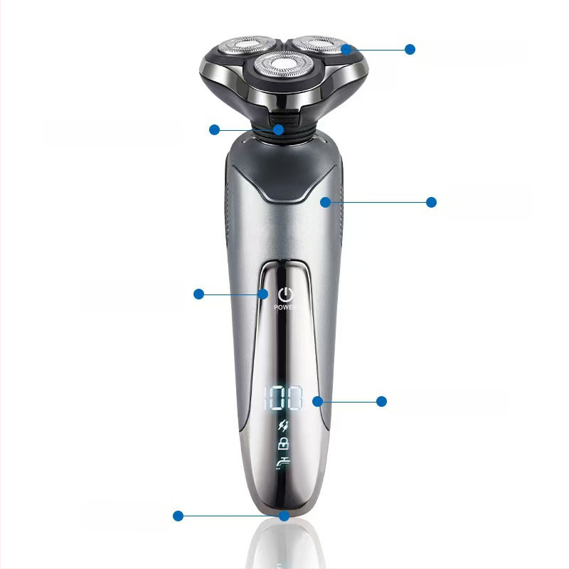 Elektriskais skuveklis ar integrētu deguna matu griezēju — USB uzlāde, rotējošā 3-asu galva, mitrā un sausa lietošana, LED displejs