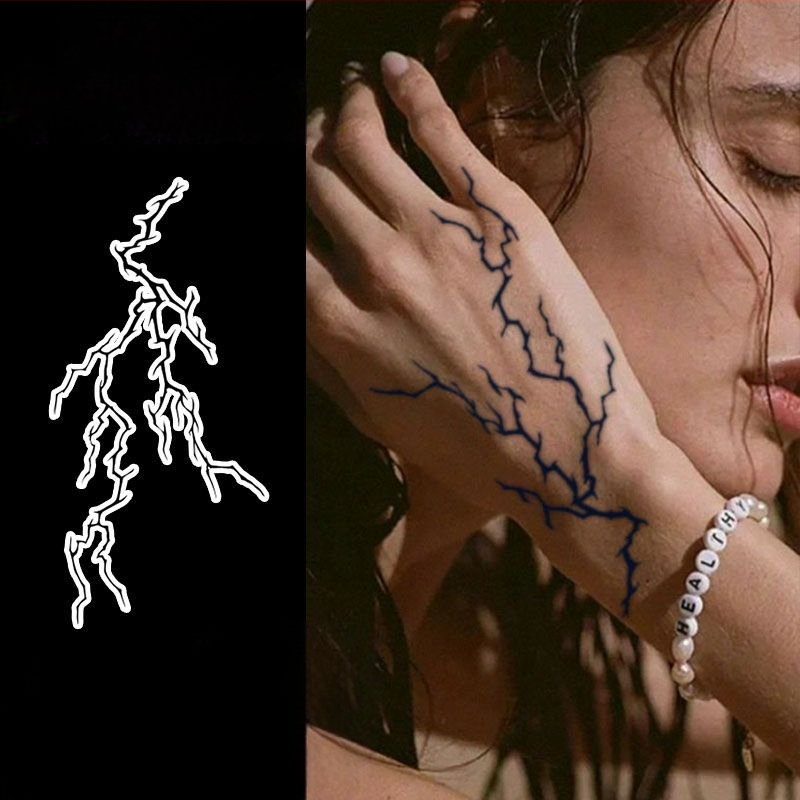 Laikina tatuiruotė lipdukas delno nugaros daliai su realistišku žaibo raštu, atspari vandeniui, atspari trinčiai, pusiau ilgalaikis