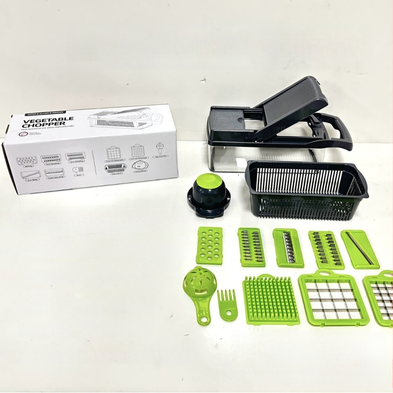 14 dalių daugiakomponentinis daržovių pjaustymo ir tarkavimo rinkinys – skirtas bulvėms tarkuoti, daržovių pjaustymui, kubeliais ir griežinėliais