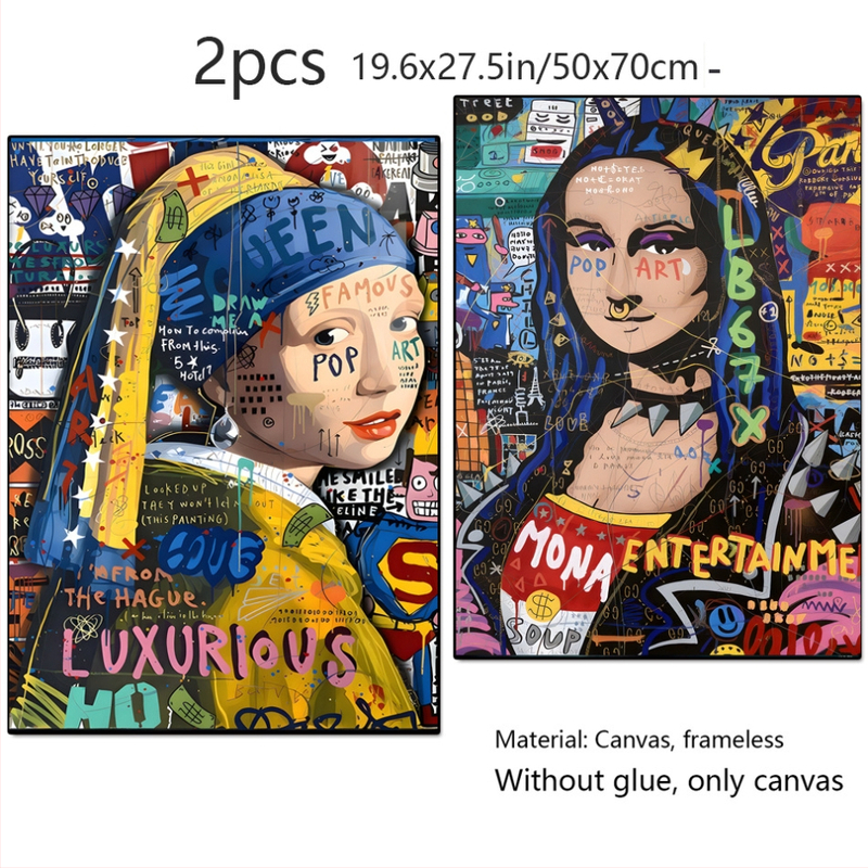 Art Deco Mona Lisa drobės atvaizdas — įrėminta drobė su kietu mediniu rėmu, inkjet spausdinimas, peizažo ir gėlių motyvas, tinkamas svetainei ir miegamajam