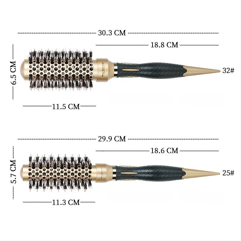 Plaukų šepetys su kiaulės šereliais, keraminė ritinėlio galva, aliuminio vamzdelis, šilumos vadavimo stilizavimo įrankis
