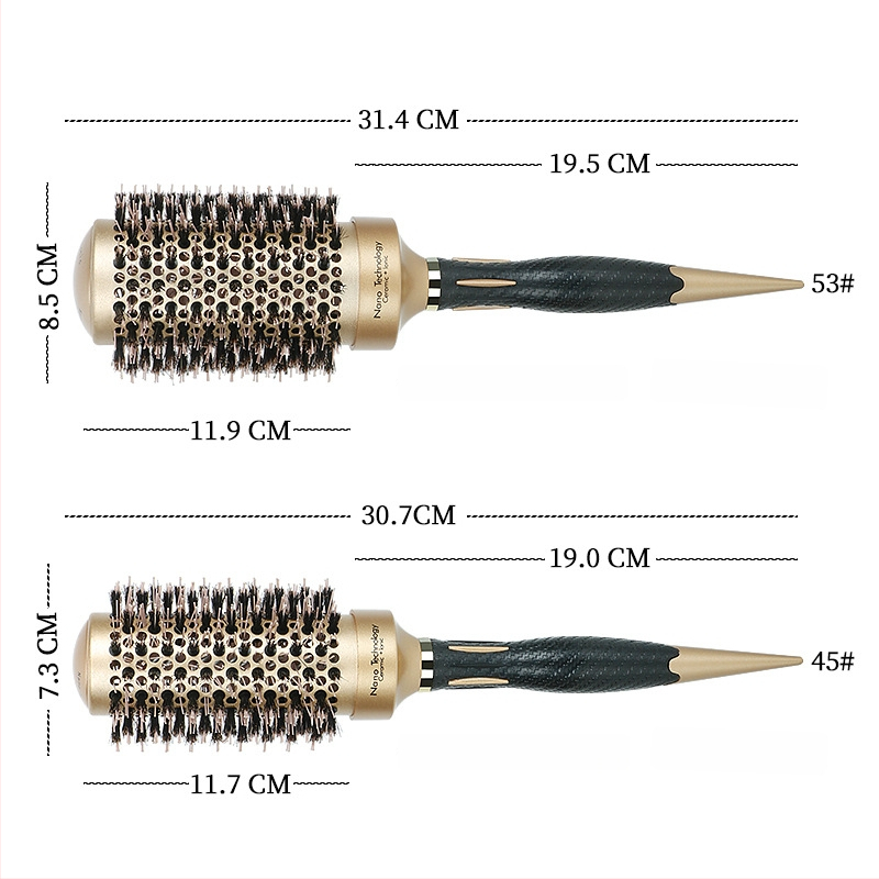 Plaukų šepetys su kiaulės šereliais, keraminė ritinėlio galva, aliuminio vamzdelis, šilumos vadavimo stilizavimo įrankis