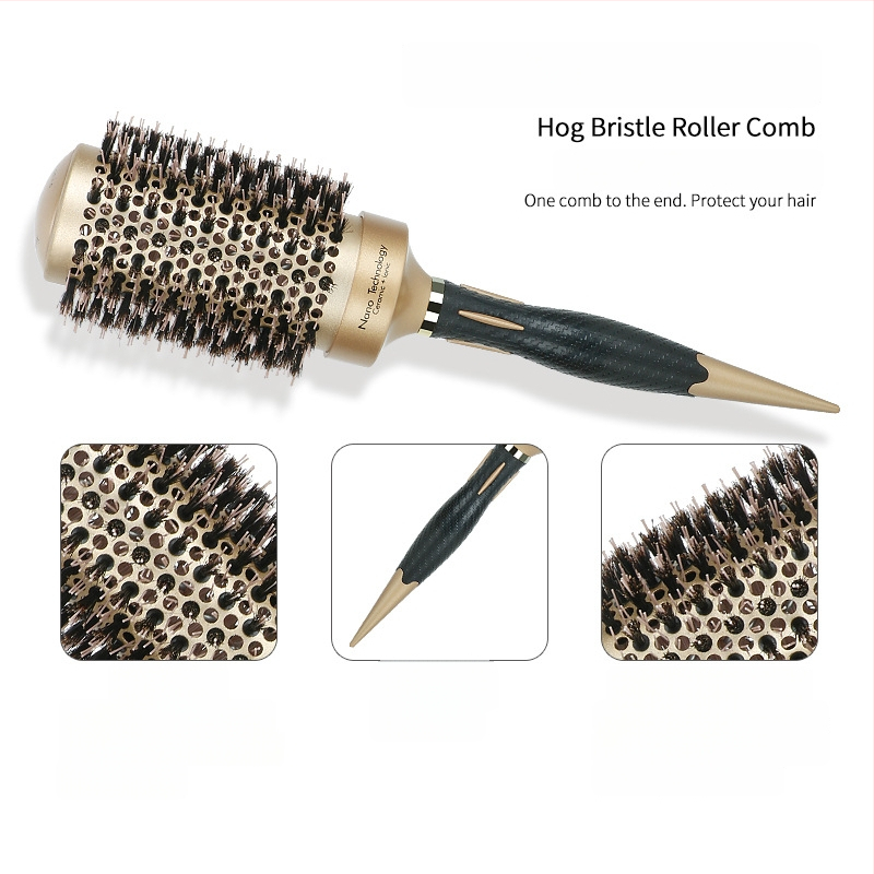 Plaukų šepetys su kiaulės šereliais, keraminė ritinėlio galva, aliuminio vamzdelis, šilumos vadavimo stilizavimo įrankis