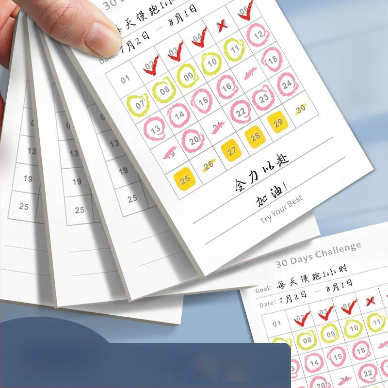 30 dienų užrašų bloknotas, mėnesinis planuotojas, dėmesio koncentracija savęs disciplinai, popierinių plytelių forma, be lipimo