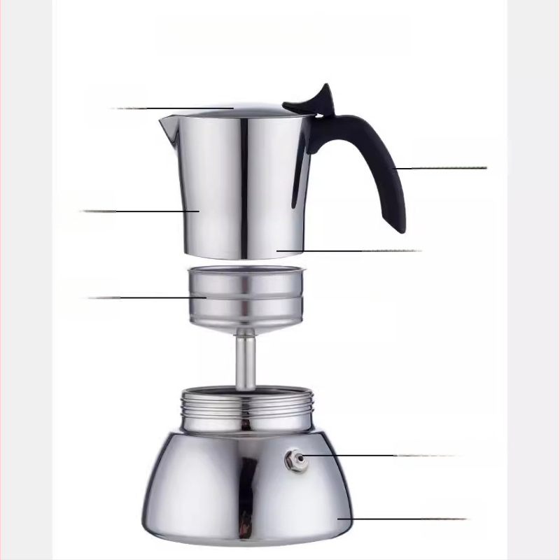 Moka puodukas iš nerūdijančio plieno 304 itališkam espresso ekstrakcijai, su storesniu dugnu