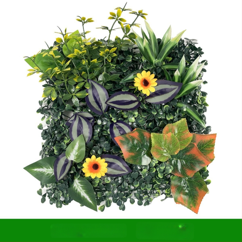 Augalų siena fone – plastikinė žolė su šilko gėlėmis; reljefinis paviršius, injekcinis formavimas; įvairovė: eukaliptas Milan, dirbtinės gėlės, papartis, persų stilius; vestuvėms, lauko naudojimui, fotografijos rekvizitai, namų dekorui