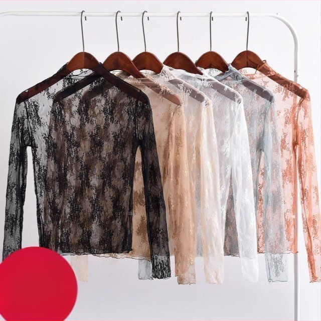 Moterų tuščiavidurio nėrinių pagrindinė palaidinė su ilgomis rankovėmis, pusiau aukštas kaklas, 80–90% poliesterio, 2024 m. pavasaris