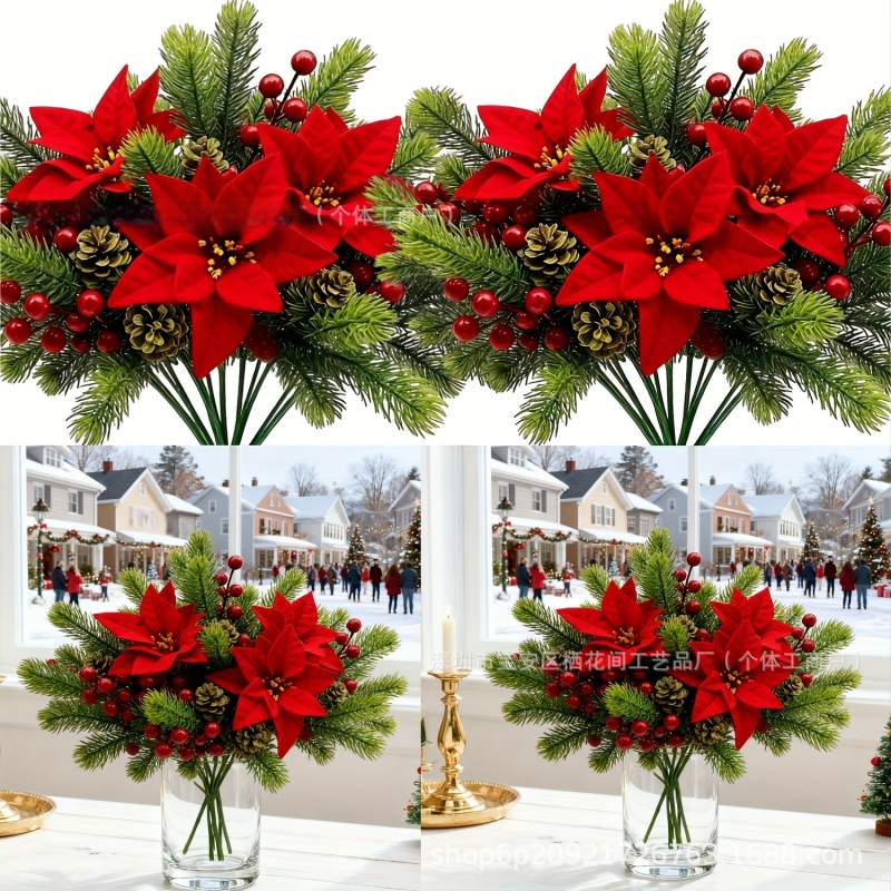 Dirbtinės poinsettijos puokštė su pušies adatomis ir raudonomis uogomis Kalėdinėms dekoracijoms; medžiaga: plastikas; gamyba: injekcinis formavimas; tinka vestuvėms, lauke, nuotraukų rekvizitams ir namų dekoravimui.