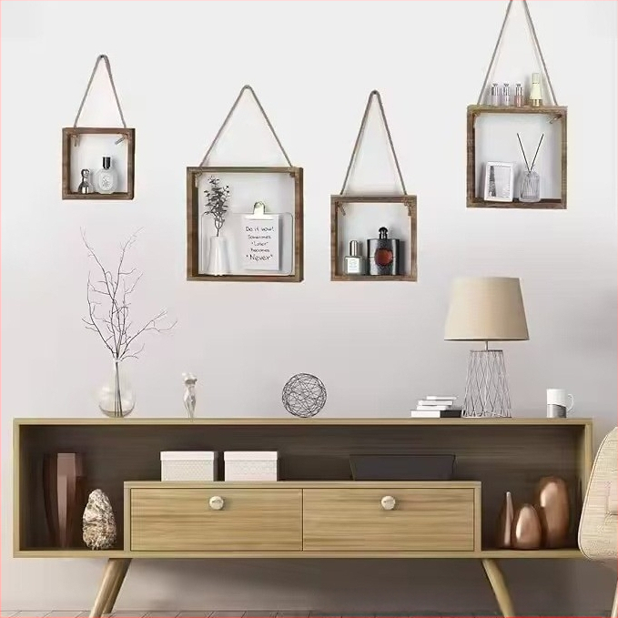 Medinis pakabinamas kvadratinis sieninis laikiklis – vieno aukšto, kabliuko tipo tvirtinimas, judantis, prisitaikantis stilius, tinka virtuvei, miegamajam, voniai, svetainei ir gėlių stendui