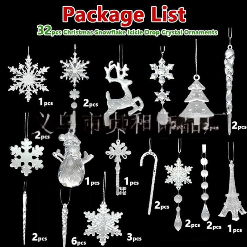 32 dalių akriliniai kabančios snaigės papuošalai Kalėdoms – DIY dekoracijos moderniojo meno stiliuje