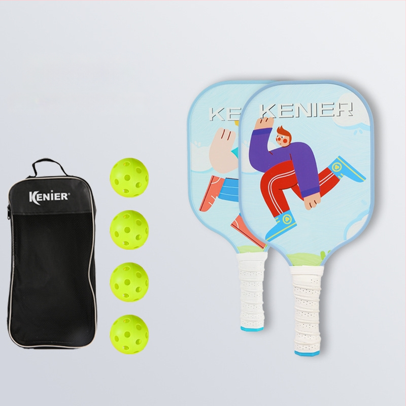 Pickleballi reket klaaskiududest, sise- ja välistingimustes kasutamiseks, kohandatav; kaal 280 g (ühe löögi jaoks) või 760 g (kogu komplekt); bränd Kenier