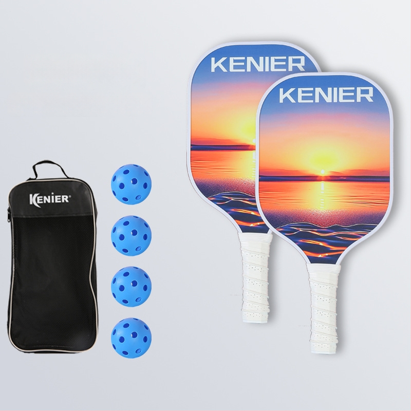 Pickleballi reket klaaskiududest, sise- ja välistingimustes kasutamiseks, kohandatav; kaal 280 g (ühe löögi jaoks) või 760 g (kogu komplekt); bränd Kenier