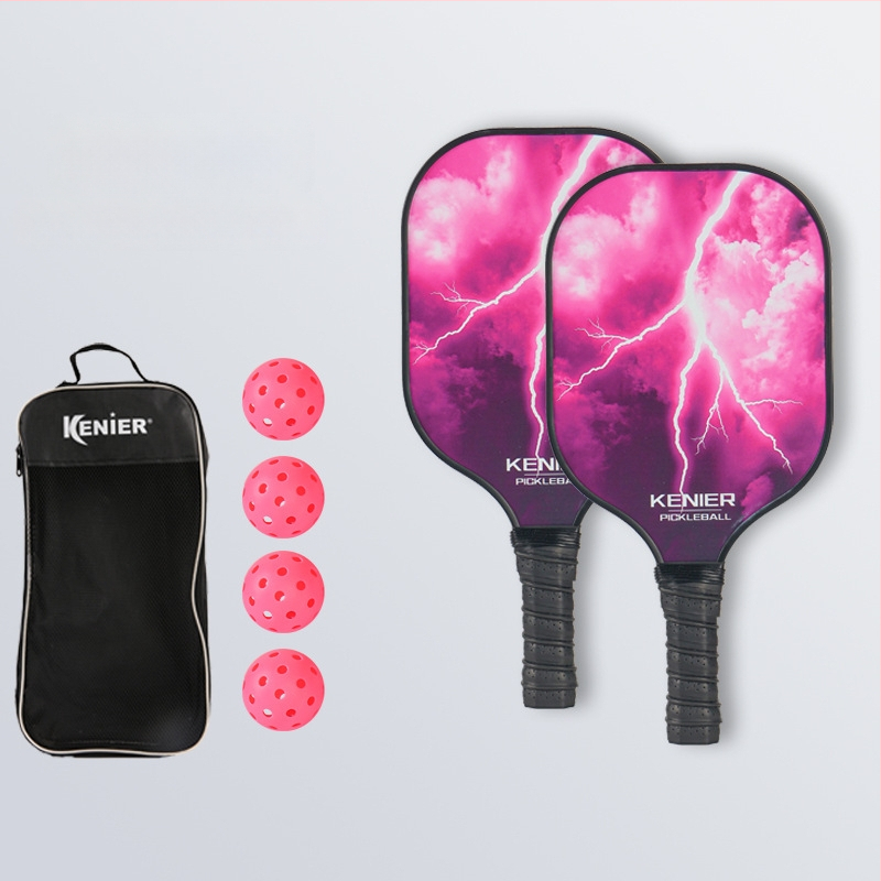 Pickleballi reket klaaskiududest, sise- ja välistingimustes kasutamiseks, kohandatav; kaal 280 g (ühe löögi jaoks) või 760 g (kogu komplekt); bränd Kenier